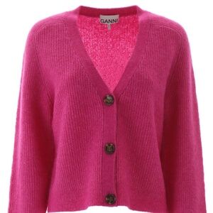 Ganni soft wool knit cardigan in fuchsia
